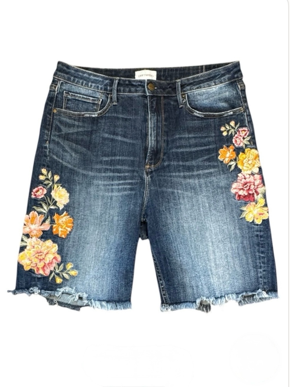 Driftwood Bermuda Jean Shorts Size W30 L9 Blue Floral Embroidered Denim Stretch